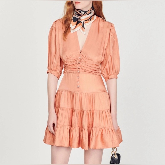 NWT Sandro Mylene Frilly Mini Dress In Salmon Size 42 - Picture 1 of 6